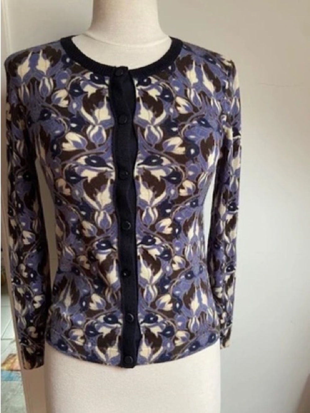 Tory Burch merino wool lightweight Crewneck Cardigan Sweater in Blue and Cream